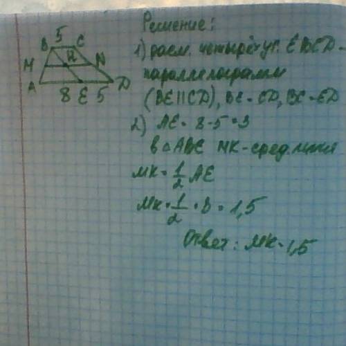 Втрапеции abcd, основания которой равны 5 и 8 см, mn - средняя линия. отрезок be параллелен стороне