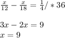 \frac{x}{12} - \frac{x}{18} = \frac{1}{4}/*36\\\\3x-2x=9\\x=9