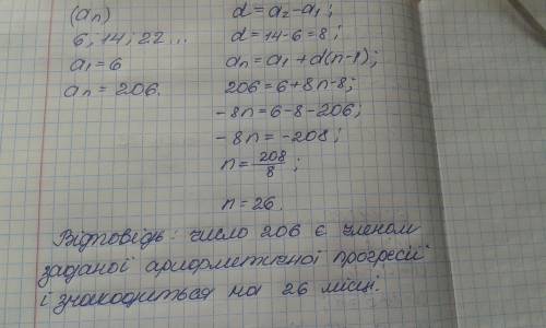 Чи є число 206 членом арихметичної прогресії 6,14,22?