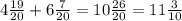 4 \frac{19}{20} +6 \frac{7}{20} =10 \frac{26}{20} =11 \frac{3}{10}