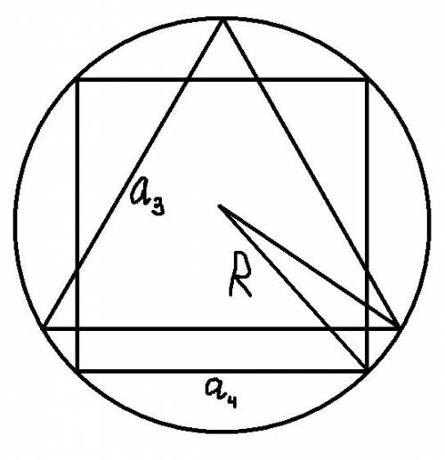 Сторона вписанного в окружность треугольника равна а.найдите сторону вписанного в эту окружность ква