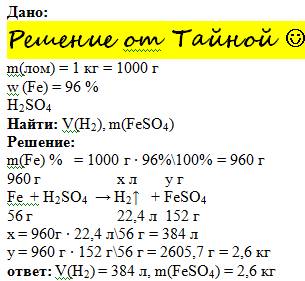 На 1кг лома, содержащего 96% железа, подействовали серной кислотой. вычислите массу образовавшегося