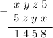 \begin{array}{r}-\underline{\begin{array}{r}x\;y\;z\;5\\5\;z\;y\;x\end{array}}\\1\;4\;5\;8\;\;\end{array}