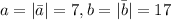 a=|\bar a|=7, b=|\bar b|=17