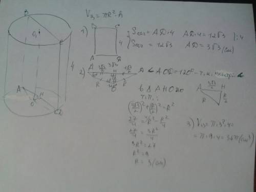Вцилиндре сечение площадью 12 корень из 3 , параллельное оси отсекает от окружности основания дугу в