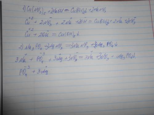 Составить полное ионное и сокращенное уравнение реакций : 1. cu(no3)2+naoh 2. na3po4+agno