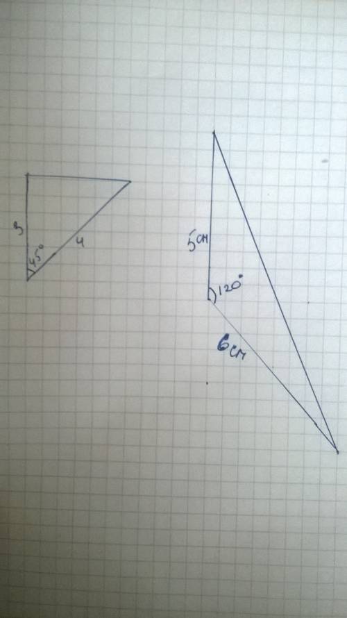 Постройте треугольник со сторонами равними: а)3см 4см и углом между ними 45 градусов б)5см 6см и меж