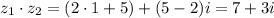 z_1\cdot z_2=(2\cdot1+5)+(5-2)i=7+3i