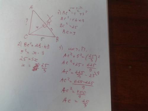 Впрямоугольном треугольнике abc проведена высота ch к гипотенузе. ch=4, bh=3. найдите катет ac. (отв
