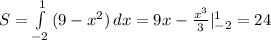 S= \int\limits^1_{-2} {(9-x^2)} \, dx =9x- \frac{x^3}{3} |^1_{-2}=24