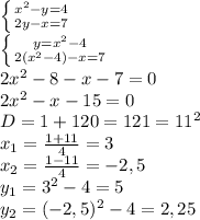 \left \{ {{ x^{2} -y=4} \atop {2y-x=7}} \right. \\ &#10; \left \{ {{y= x^{2} -4} \atop {2( x^{2} -4)-x=7}} \right. \\ &#10;2 x^{2} -8-x-7=0 \\ &#10;2 x^{2} -x-15=0 \\ &#10;D=1+120=121=11^{2} \\ &#10; x_{1} = \frac{1+11}{4} =3 \\ &#10; x_{2} = \frac{1-11}{4} =-2,5 \\ &#10; y_{1} = 3^{2} -4=5 \\ &#10; y_{2} = (-2,5)^{2} -4=2,25