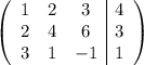 \left(\begin{array}{ccc|c}1&2&3&4\\2&4&6&3\\3&1&-1&1\end{array}\right)