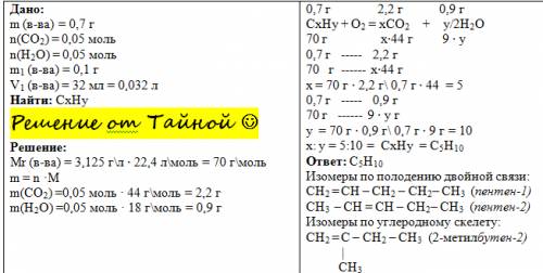При сгорании органического вещества массой 0,7 получены оксид углерода (iv) и вода количеством вещес