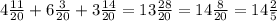 4 \frac{11}{20}+6 \frac{3}{20}+3 \frac{14}{20}=13 \frac{28}{20}=14 &#10;\frac{8}{20}=14 \frac{2}{5}