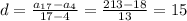 d= \frac{a_1_7-a_4}{17-4} = \frac{213-18}{13} =15