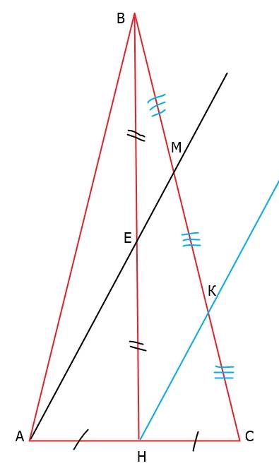 Втреугольнике abc ab=bc. определите, в каком отношении прямая, проходящая через вершину a и середину