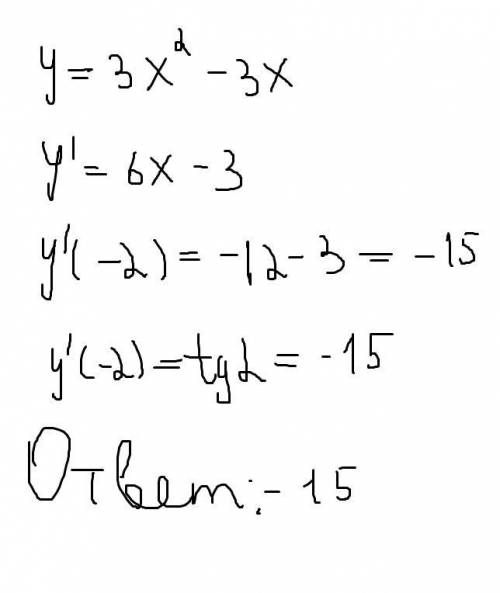 Найдите тангенс угла наклона касательной к графику функции y=3x^2-3x в точке x0 = -2