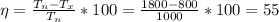 \eta= \frac{ T_n-T_x }{T_n}*100 = \frac{1800-800}{1000}*100 =55