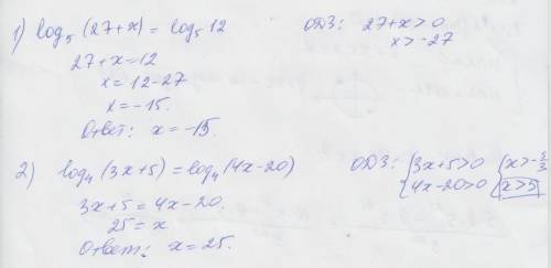 1)log5(27+x)=log5 12 5-ки снизу основания 2)log4(3x+5)=log4(4x-20)