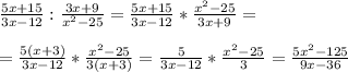 \frac{5x+15}{3x-12}: \frac{3x+9}{x^2-25} = \frac{5x+15}{3x-12}* \frac{x^2-25} {3x+9} = \\ \\ =\frac{5(x+3)}{3x-12}* \frac{x^2-25} {3(x+3)} =\frac{5}{3x-12}* \frac{x^2-25} {3} =\frac{5x^2-125}{9x-36}