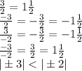 \frac{3}{2}=1\frac12\\&#10;\frac{-3}{2}=- \frac{3}{2}=-1 \frac{1}{2} \\&#10; \frac{3}{-2}=- \frac{3}{2}=-1\frac12 \\&#10;\frac{-3}{-2}= \frac{3}{2}=1\frac12 \\&#10; |\pm3|