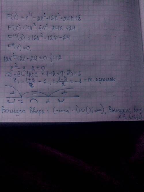 Найдите промежутки выпуклости и точки перегиба функции f(x)=x^4 - 2x^3 - 12x^2 + 24x + 8