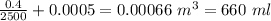 \frac{0.4}{2500}+0.0005=0.00066\ m^3=660\ ml