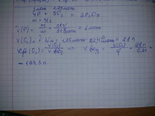 Реакция горения фосфора - уравнение 4p+5o2=2p2o5. сожгли 31г р. какой vвоздх израсходовали? (фи o2 в