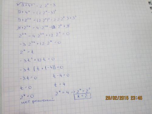 Решите уравнение sqrt(9+4^x)=2*2^x-3.если корней больше одного,в ответ запишите их сумму.( sqrt-квад