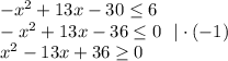 -x^2+13x-30\leq 6\\ -x^2+13x-36\leq 0~~|\cdot(-1)\\ x^2-13x+36\geq 0