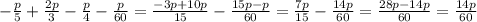 - \frac{p}{5} + \frac{2p}{3} - \frac{p}{4} - \frac{p}{60} = \frac{-3p+10p}{15} - \frac{15p-p}{60} = \frac{7p}{15} - \frac{14p}{60} = \frac{28p-14p}{60}= \frac{14p}{60}