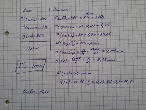Вычислите массу железа,которая может быть получена при взаимодействии с угарным газом 25г бурного же
