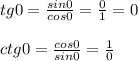 tg0= \frac{sin0}{cos0}= \frac{0}{1}=0 \\ \\ ctg0= \frac{cos0}{sin0}= \frac{1}{0}