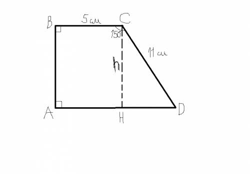 Впрямоугольной трапеции меньшее оснавание равно 5 см , большая боковая сторона 11 см , а один из угл
