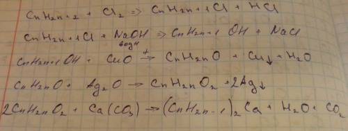 Решить реакцию : алкан-хлоралкан-алканол-алканаль-алкановая кислота-алканат кальция