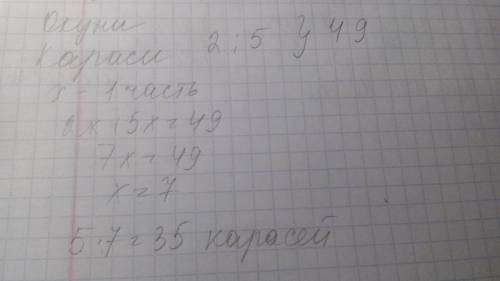 Вася поймал 49 окуней и карасей причем кол-во окуней относилось к кол-ву карасей как 2: 5. сколько к