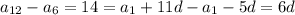 a_{12}-a_6=14=a_1+11d-a_1-5d=6d