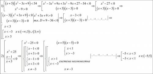 Решить совокупность неравенств и отметить на координатной прямой 1) (x+3) (x^2-3x+9)< 54 x^2-9>