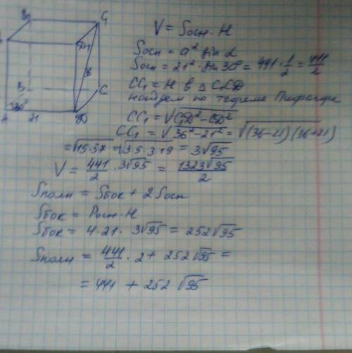 Желательно с фото и рисунком.в прямом параллелепипеде основание ромб со стороной 21см и острым углов