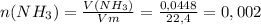 n(NH_3)= \frac{V(NH_3)}{Vm} = \frac{0,0448}{22,4} =0,002