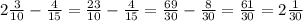 2 \frac{3}{10} - \frac{4}{15} = \frac{23}{10} - \frac{4}{15} = \frac{69}{30} - \frac{8}{30} = \frac{61}{30} =2 \frac{1}{30}