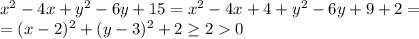 x^2-4x+y^2-6y+15 =x^2-4x+4+y^2-6y+9+2 =&#10;\\=(x-2)^2+(y-3)^2+2 \geq 20