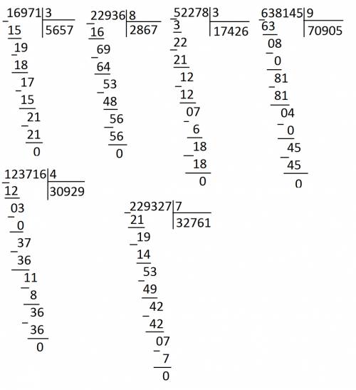 16971: 3, 22936: 8,52278: 3,638145: 9,123716: 4,229327: 7.решение столбиком.