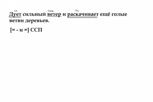 Пунктационный разбор предложения-дует сильный ветер и раскачивает еще голые ветви деревьев.