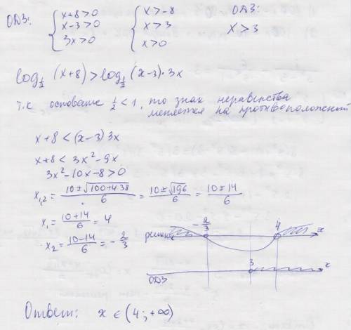 Log1/2(x+8)> log1/2(x-3)+log1/2(3x) .