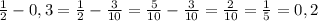 \frac{1}{2} - 0,3 = \frac{1}{2} - \frac{3}{10} = \frac{5}{10} - \frac{3}{10} = \frac{2}{10} = \frac{1}{5} = 0,2