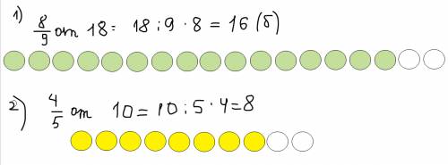 1.закрасить восемь девятых числа бусинок (нарисовано 18 бусинок) 2.закрасить четыре пятых числа пуго