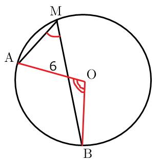 Люди добрые. надеюсь на вас! отрезки ма и мв- хорды окружности радиуса 6 см. угол амв = 30 градусов.
