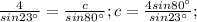 \frac{4}{sin23^ \circ }= \frac{c}{sin80^ \circ};c= \frac{4sin80^ \circ}{sin23^ \circ};