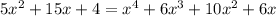 5 x^{2} +15x+4= x^{4}+6 x^{3}+10 x^{2} +6x